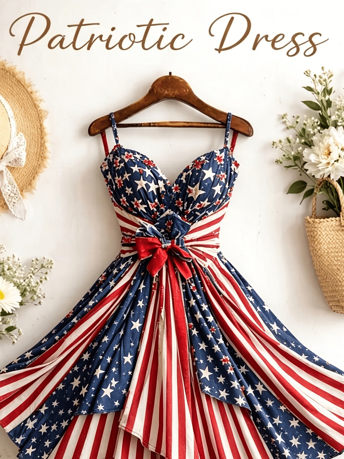 [Independence Day Style] Women's Retro Independence Day Style Camisole V-Neck Padded A-Line Waist Belted Fashion Dress