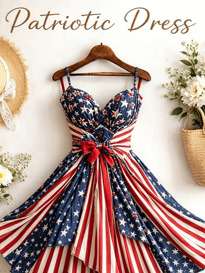 [Independence Day Style] Women's Retro Independence Day Style Camisole V-Neck Padded A-Line Waist Belted Fashion Dress