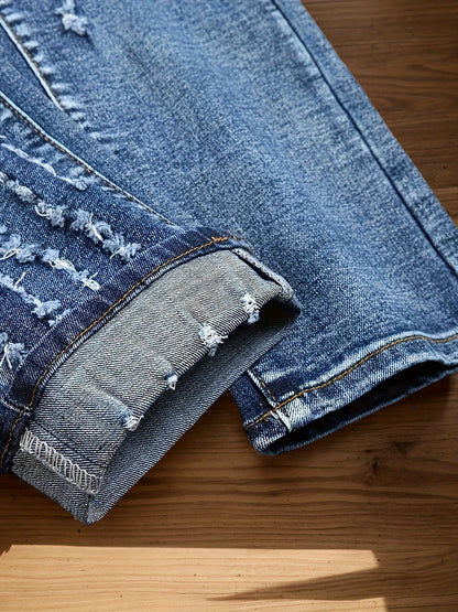 Men'S Jeans- Mid- Rise, Stretch Blend, Casual Street Style, Ripped Details, Comfortable And Versatile, Suitable Casual Outfits, Fashionable Long Pantsslim Fit Jeansdurable Fabric