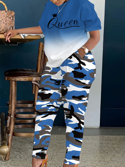 Plus Size - LADIES' Plus Size Daily Fashion Casual Set: Letter Print Crew Neck Short Sleeve T-shirt + Camouflage Long Pants With Pockets