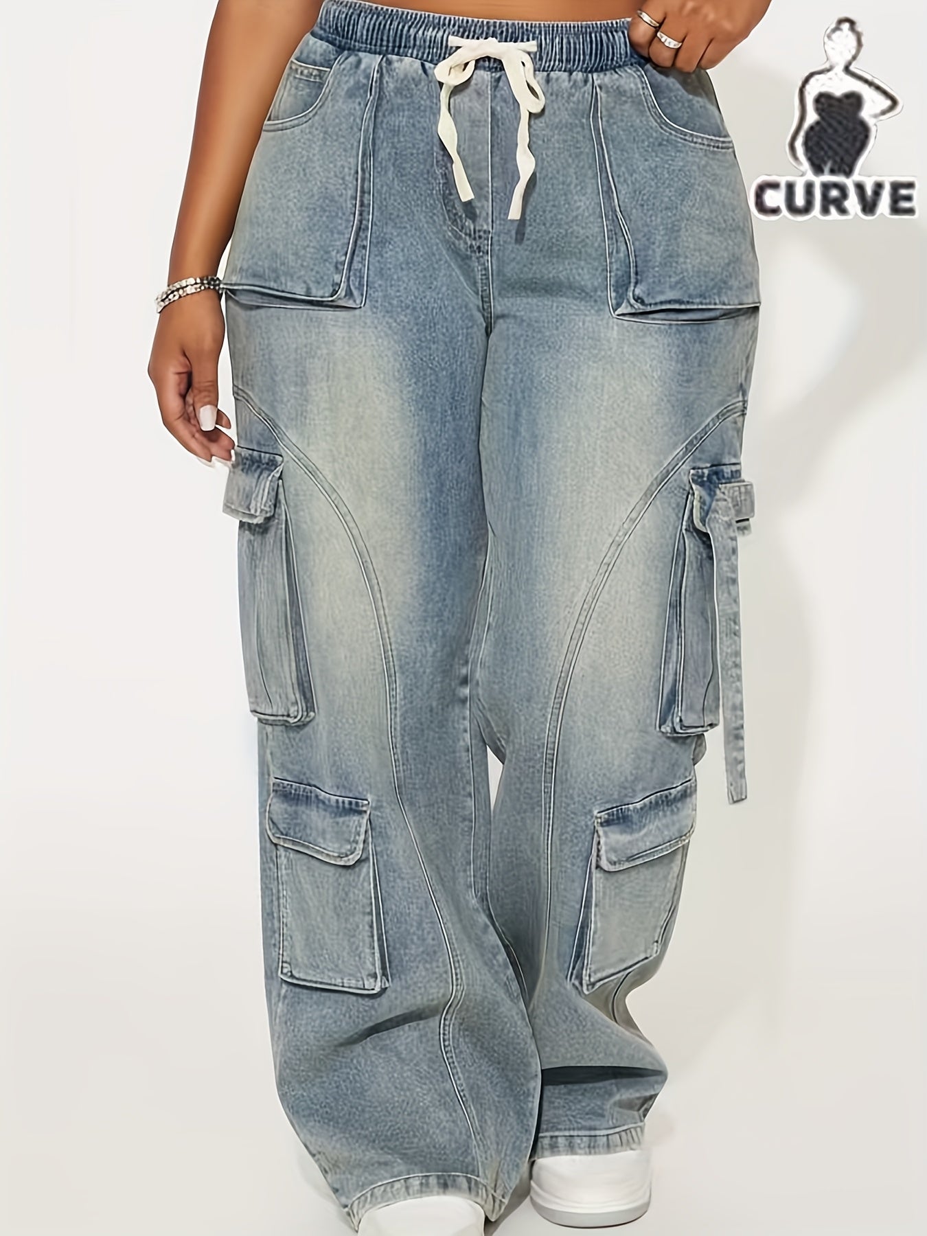 Large Sized Multi Pocket Waist And Headband with Elastic Drawstring Denim Workwear Pants