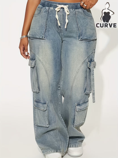 Large Sized Multi Pocket Waist And Headband with Elastic Drawstring Denim Workwear Pants