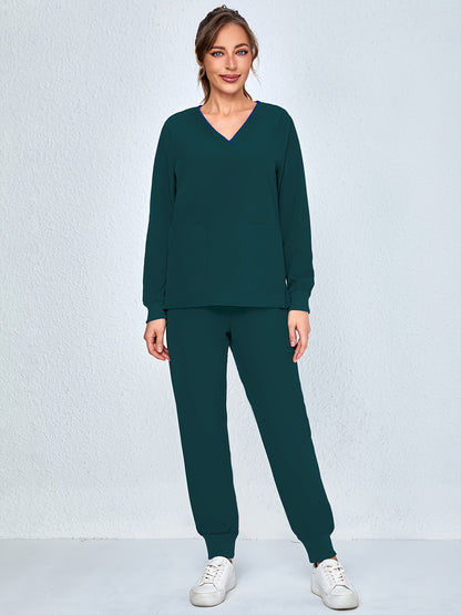 2pcs Women's V-Neck Matte Suit with Long Sleeve Stretch S Uniform Work Clothes Washable Pockets Breathable Elastic Top And Waist Cord Pocket Pants Set