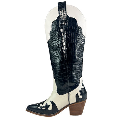 ARiderGirl Pamela Women's Western Cowboy Knee-High Boots Crocodile Printed Chunky Stacked Heel Pointed Toe Boots