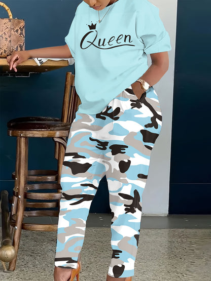 Plus Size - LADIES' Plus Size Daily Fashion Casual Set: Letter Print Crew Neck Short Sleeve T-shirt + Camouflage Long Pants With Pockets