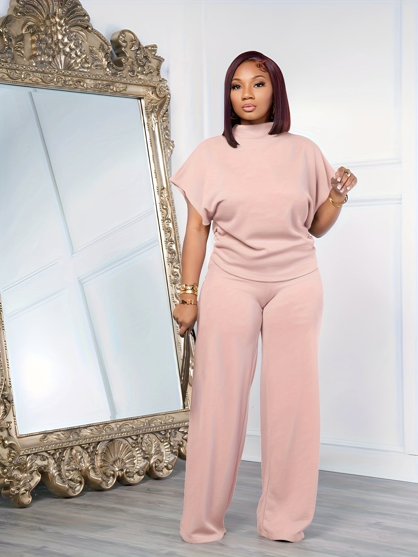 Women's Spring And Summer Two-piece Casual Set Short Sleeved Semi High Neck Loose Top Wide Leg Pants Set, Casual Sports Set