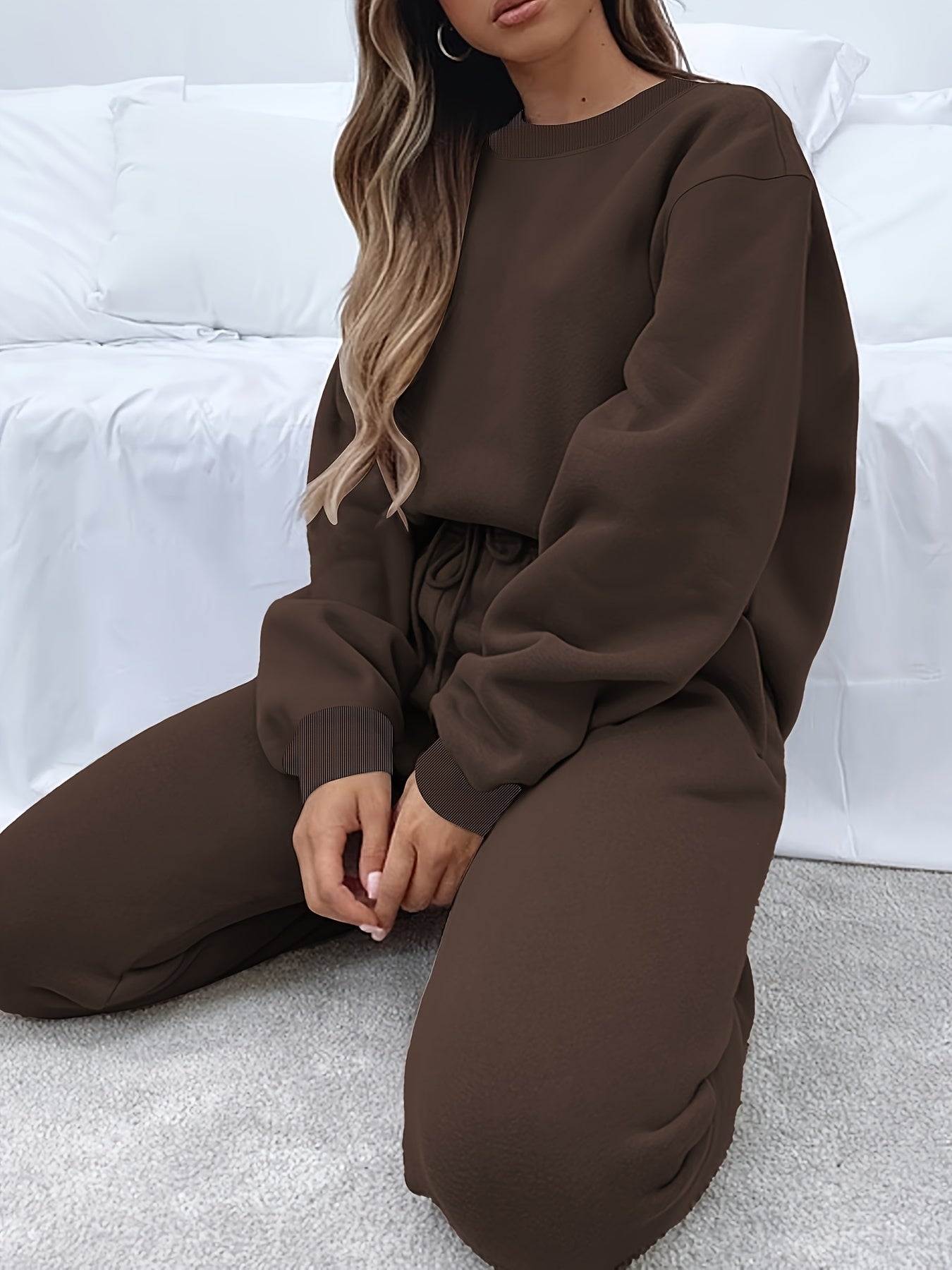 [Casual 2pcs Suit] Women's Casual Fashionable & Versatile 2pcs Suit | Autumn & Winter Solid Color Loose Pullover Sweatshirt + Elastic Waist Drawstring Pants