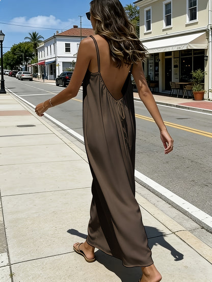 Women'S Solid Color Open Back Tie Loose Casual Maxi Slip Dress