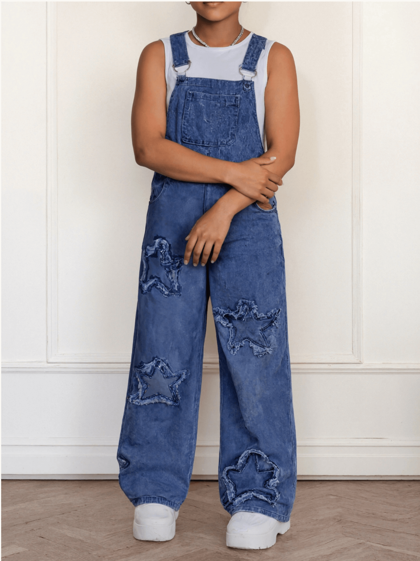 Girls' Star Embroidered Denim Overalls - Wide Leg