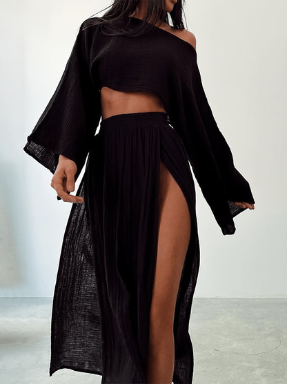 Spring Summer Women'S Chic Vacation Set| Soft Fabric Relaxed Fit Tapered Design| Cropped Top High Waist Slit Casual Pants Two Piece Set Style For Casual Friday And Weekend Errands Occasions| Comfortable Beach Outfits For Women