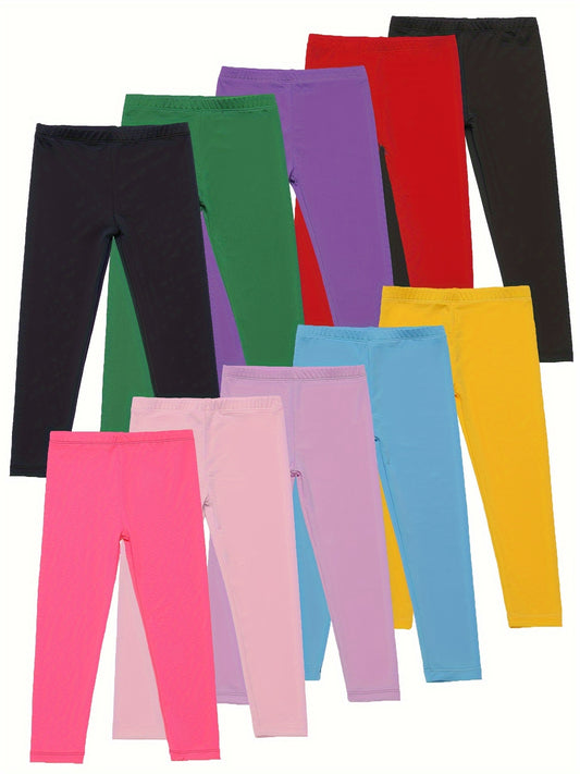 10pcs Girls' Stretchy Leggings - Durable Mid-Stretch Fabric, Vibrant Solid Colors for Active Play, Spring/Fall Casual Wear & Sports - Regular Fit Long-Length Non-See-Through Pants, Hand Wash Only - Perfect Gift for Active Youngsters, Leggings for Girls, Y