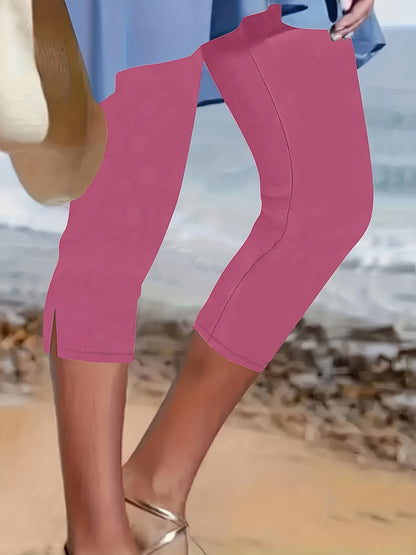 5-Pack Women's High-Waisted Capri Pants - Stretchy Elastic Waist Non-Transparent Leggings, Lightweight Pants for Women - Multi-Season Everyday & Formal Outfits in Pink, Black, Red, Gray, Navy - Non-See-Through Fabric, High Waist Pants, Casual Wear, Versat