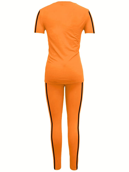 Women's Two-piece Casual swear Striped Edge Short Sleeved Round Neck Pullover, Slim Fit Striped Edge Pants Set, s Suit