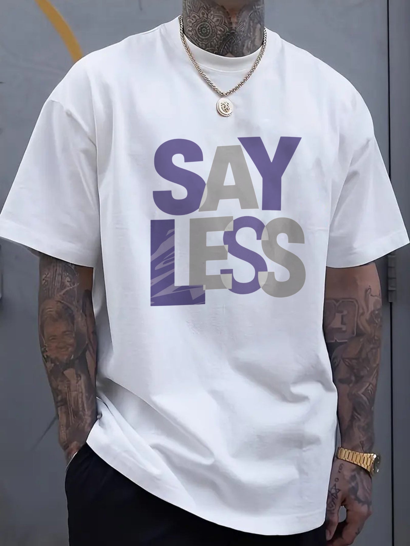 Men's Plus Size Black T-Shirt, Purple and White SAY LESS Print, Suitable for Casual Wear, PLUS SIZE
