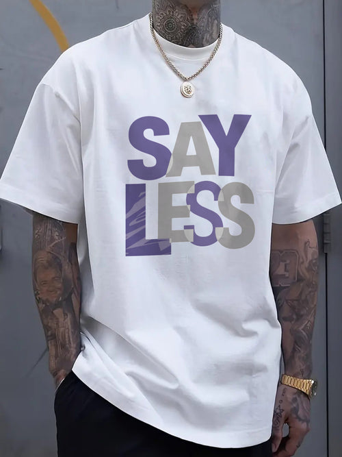 Men's Plus Size Black T-Shirt, Purple and White SAY LESS Print, Suitable for Casual Wear, PLUS SIZE