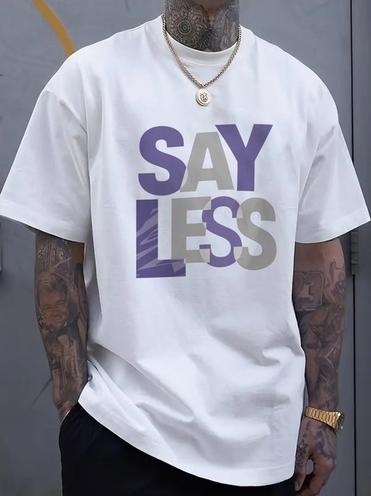 Men's Plus Size Black T-Shirt, Purple and White SAY LESS Print, Suitable for Casual Wear, PLUS SIZE