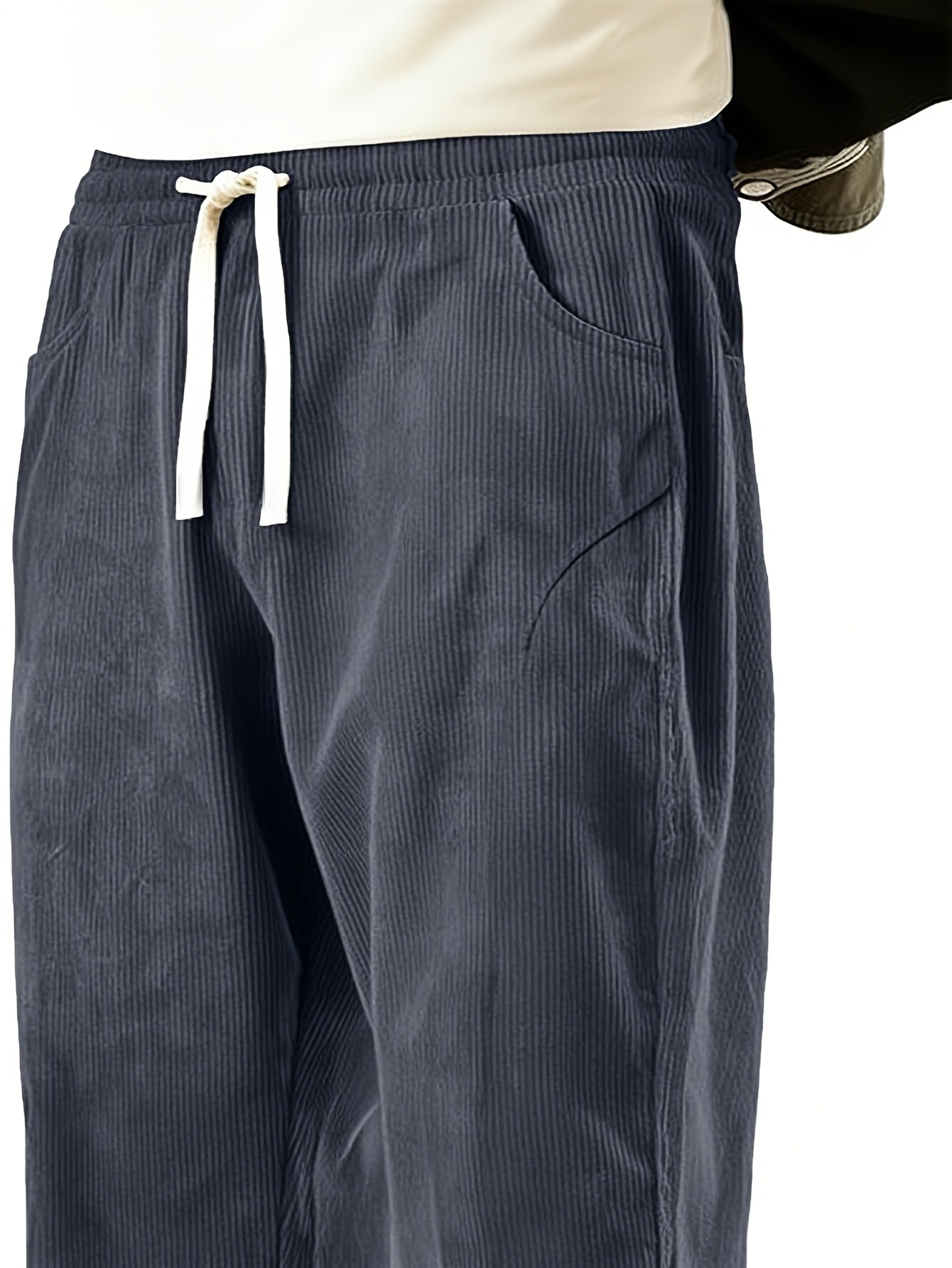 Men'S Solid Corduroy Straight Pants, Retro Pocket And Drawstring Waist, Breathable All-Season Trousers, Casual Daily And Workwear, Machine Washable, Comfortable Straight Fit Pants for Daily Activities