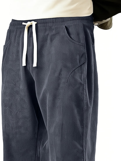 Men'S Solid Corduroy Straight Pants, Retro Pocket And Drawstring Waist, Breathable All-Season Trousers, Casual Daily And Workwear, Machine Washable, Comfortable Straight Fit Pants for Daily Activities