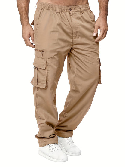 3pcs Men'S Casual Solid Color Cargo Pants, Polyester Non-Stretch Woven Fabric, Multiple Pockets, Regular Fit, Spring/Fall Season, Hiking & Outdoor Scene, Weekend Casual Occasion, Thick