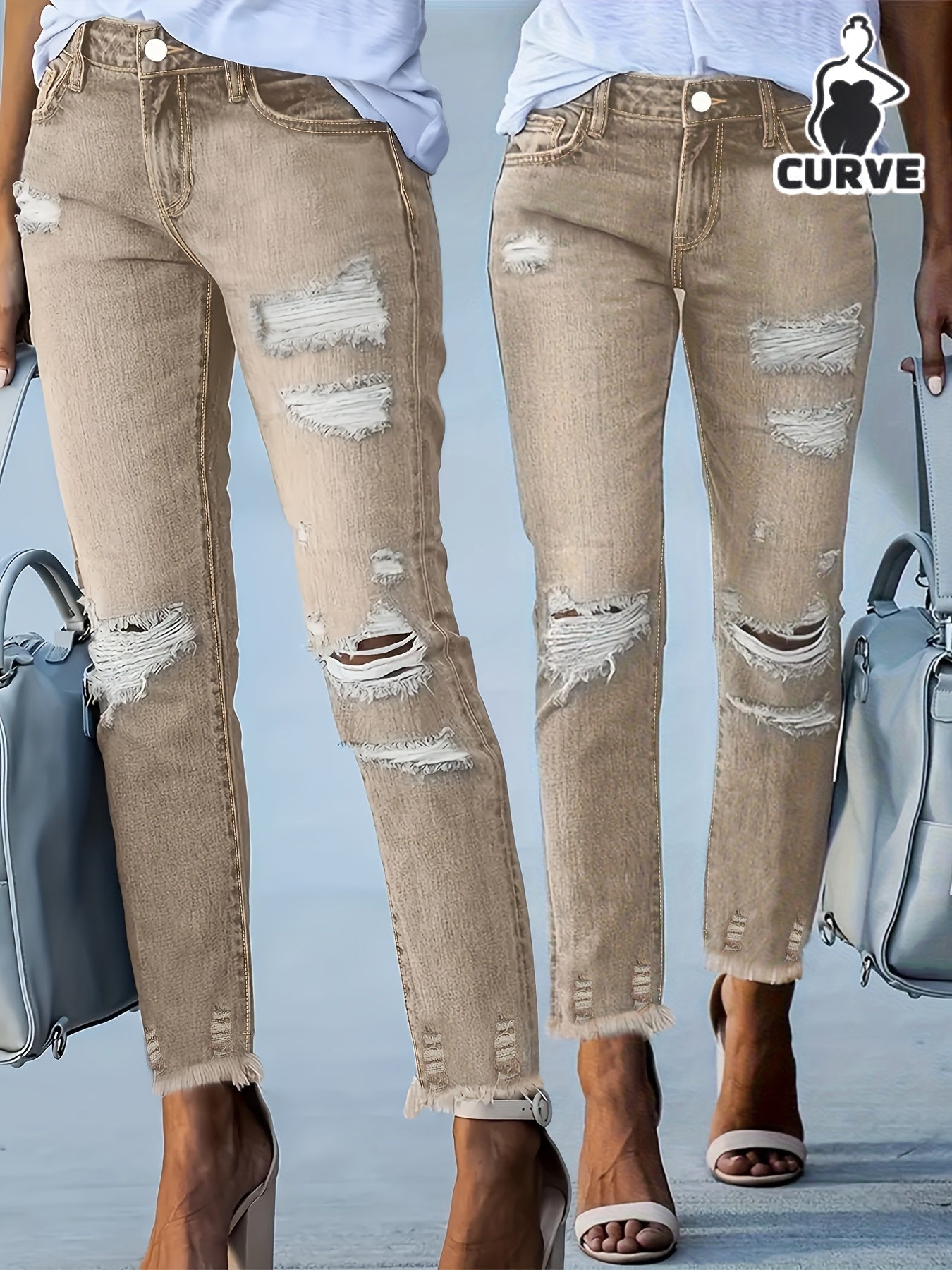 Plus Size Women's Blue Distressed Washed Denim Jeans | Multiple Rips & Destroyed Hem | Slim Fit, Unique Design | Versatile Stylish Style for All-Season Commuting