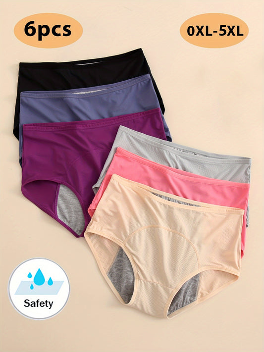 6pcs Women's Leakproof Period Panties - High Elasticity, Breathable Mesh, Triple-Layered, Wide Briefs, Tummy Control, Plus Size (OXL-5XL), Seamless Underwear, High Waist, Period Panties