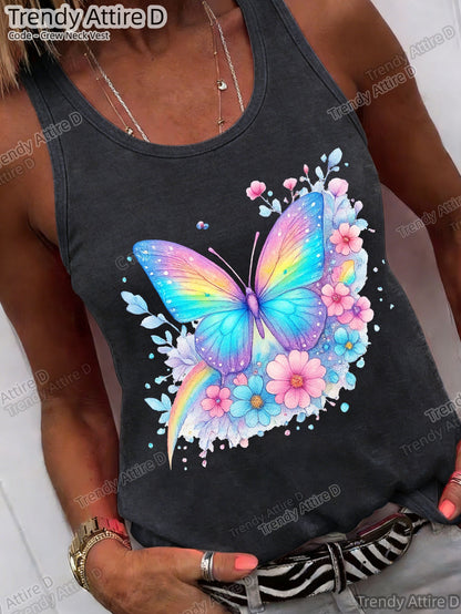 Sweet Style Round-Neck Vest, Printed Round-Neck Vest, Fashionable Design Pattern, Holiday Outfits Essential Summer Items for Women, Women'S Fashionable Summer T-Shirts