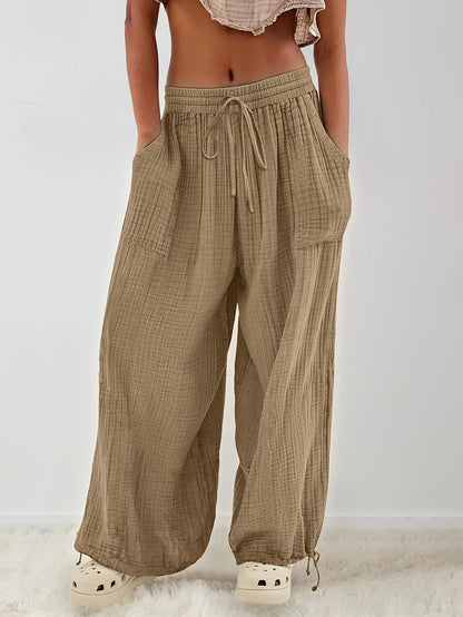 Autumn And Winter Women's Casual Pants, Khaki, Pockets, Wide Legs, Drawstring, Loose Fit, Everyday Commuting Wide-leg Pants.