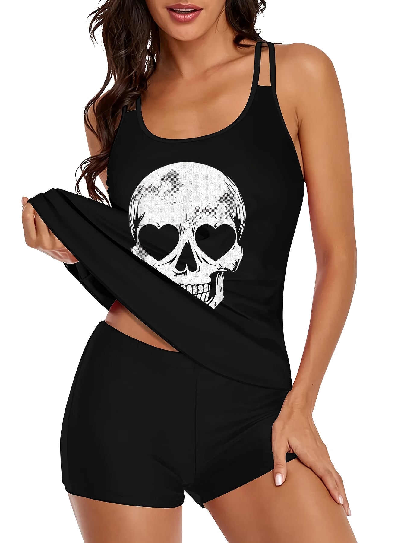 Adorable Skeleton-Themed Two-Piece Swimsuit for Women, Featuring a Stylish Black Design with a Conservative Double Shoulder Tankini Style, Perfect for a Laid-Back Halloween Look