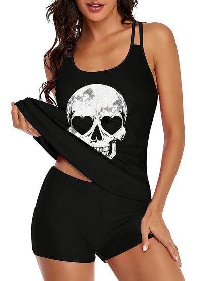 Adorable Skeleton-Themed Two-Piece Swimsuit for Women, Featuring a Stylish Black Design with a Conservative Double Shoulder Tankini Style, Perfect for a Laid-Back Halloween Look