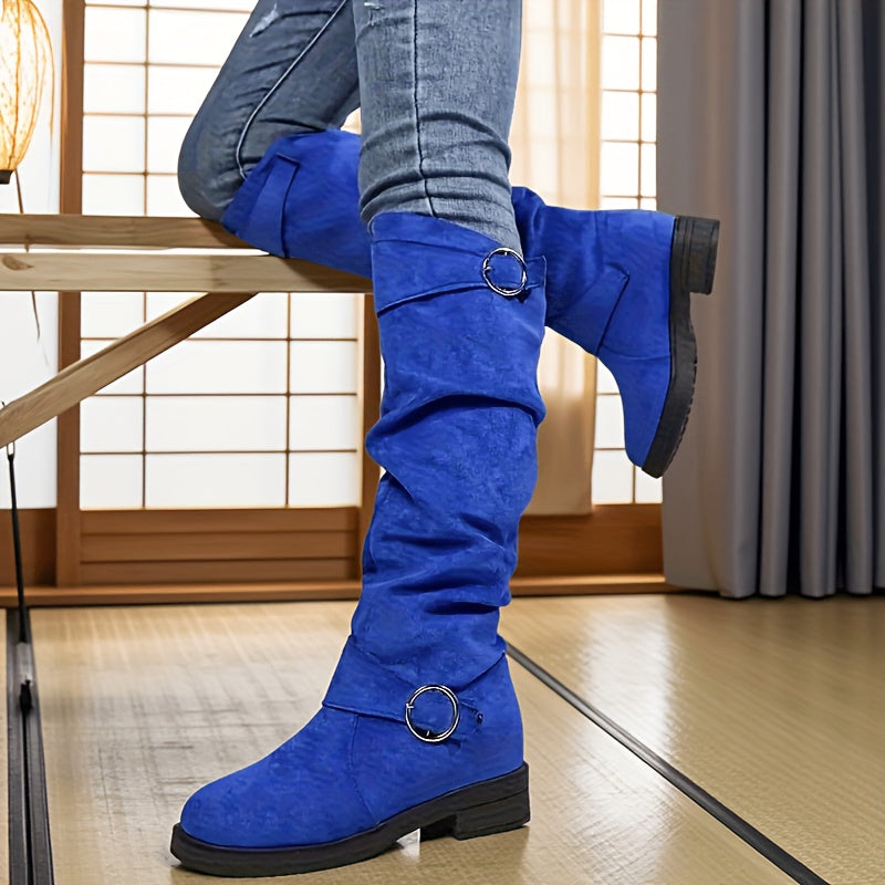 Women'S Ruched Slouchy Boots, Chunky Heel Long Boots, Versatile Over-The-Knee Boots, Women Shoes