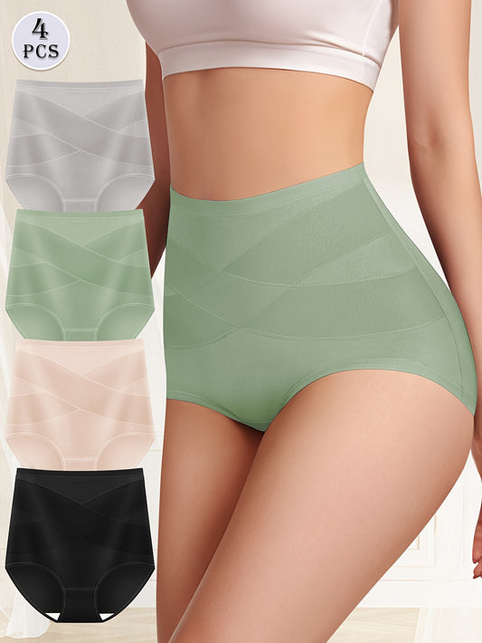 4Pack High Waist Tummy Control Briefs, Elegant Comfy Breathable Stretchy Women's Panties, Women's Lingerie& Underwear