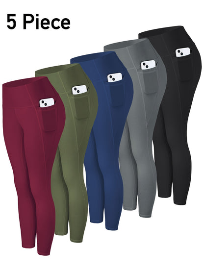 5pcs Women' High Waisted Cropped Leggings with Pockets - Full-Length Suitable for & Casual Attire, Non-Sheer Tummy Pants, Machine Washable Stretchy Base Layer for,, Layering (Year-Round)