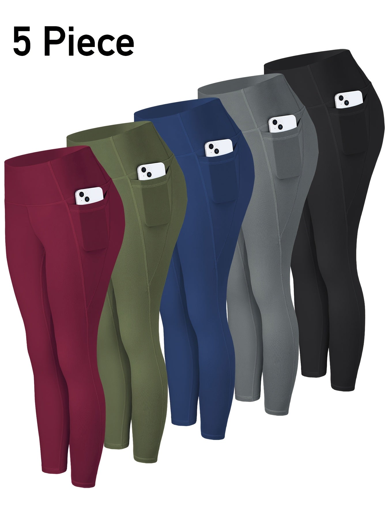 5pcs Women' High Waisted Cropped Leggings with Pockets - Full-Length Suitable for & Casual Attire, Non-Sheer Tummy Pants, Machine Washable Stretchy Base Layer for,, Layering (Year-Round)