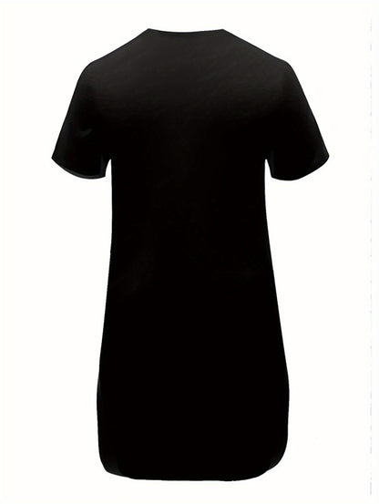 Women's Casual Short Sleeve T-Shirt Dress with Celestial Sun Moon Stars Print - Relaxed Fit Knee-Length Round Neck Machine Washable Spring Summer Dress, Casual Attire, Graphic Tee Style, Medium Stretch Fabric, Boho Style Lovers