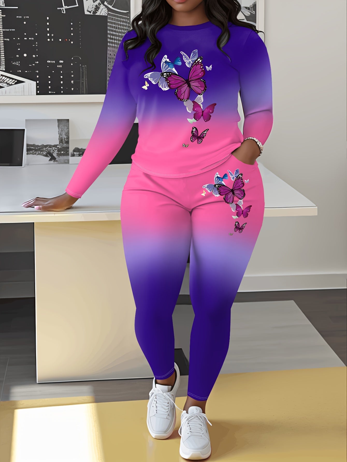 Plus Size, Ladies Casual Gradient Color Suit, Long Sleeved Pants Butterfly Print, Pants with Pockets