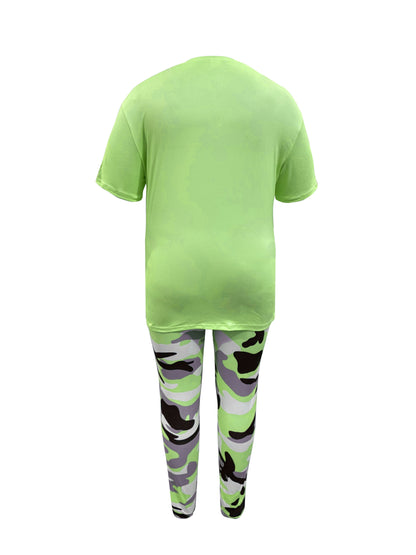 Plus Size - LADIES' Plus Size Daily Fashion Casual Set: Letter Print Crew Neck Short Sleeve T-shirt + Camouflage Long Pants With Pockets