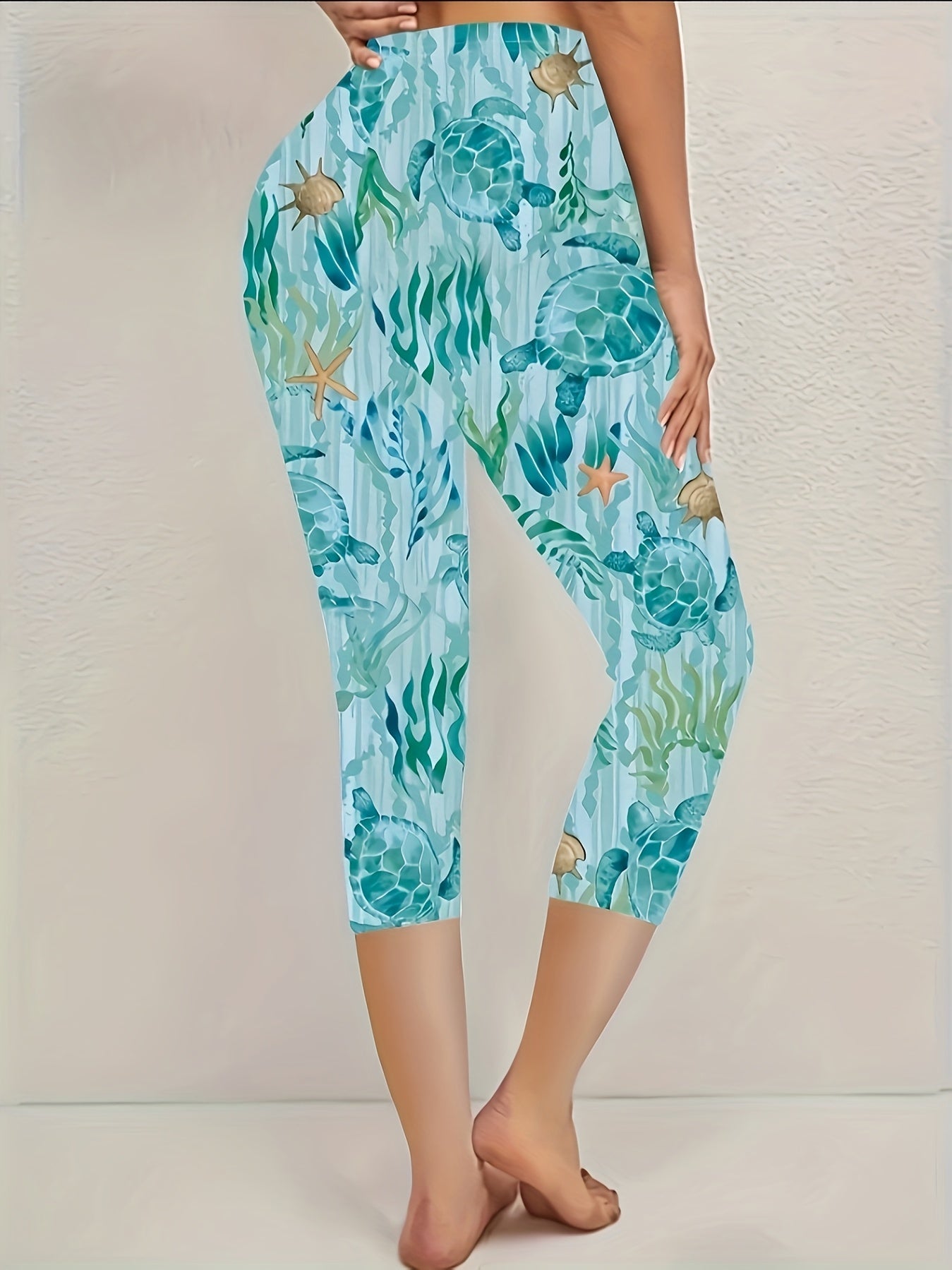Women's Stylish Turquoise & Turquoise Blue Sea Turtle Print High-Waisted Capri Leggings - Light Blue with White & Yellow Marine Life Design, Stretchy Full-Length Beach Pants for Spring Summer Fall, Casual to Semi-Formal Outfits, Machine Washable Ocean-The