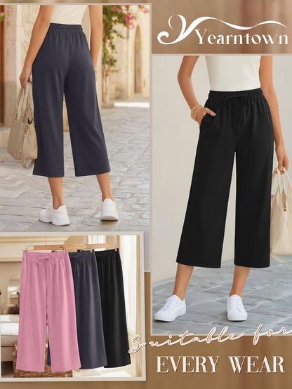 Plus Size, 3pcs Plus Size Women's Capri Pants, Wide Leg Basic Sweatpants Lounge Loose Fit Casual Drawstring Capris with Pockets