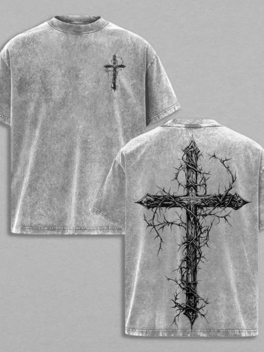 Men'S Faded Tee with Short Sleeves, Featuring a Thorn Cross Dark Design, Stylish Retro Look, Made from High-Quality Soft Fabric, Perfect for Everyday Use, Festival Gifts, Or Party Celebrations, a Vintage T-Shirt for Men