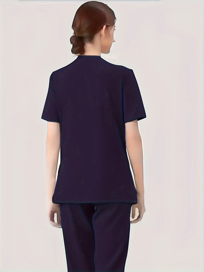 Ultra-Soft Womens Two-Piece Health Care Uniform Set - Stylish V-Neck Top With Practical Pockets & Sleek Solid Pants - Premium Quality, Comfortable Everyday Wear For Women