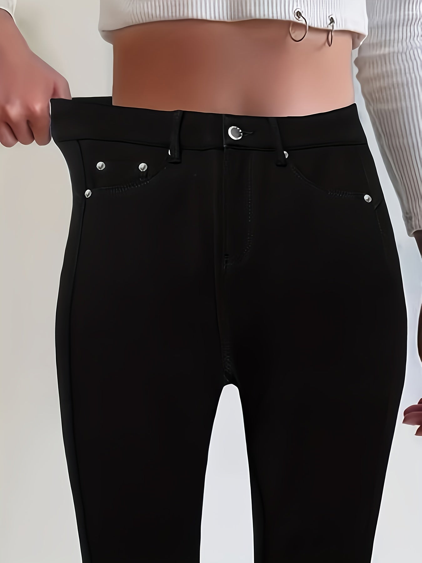 Women'S Plus Size High-Waisted Stretch Skinny Jeans - Elegant Dark Wash Black Tapered Leg with Beltless Design & Zipper Closure, for All-Season Casual to Formal Pants for Everyday & Formal Wear