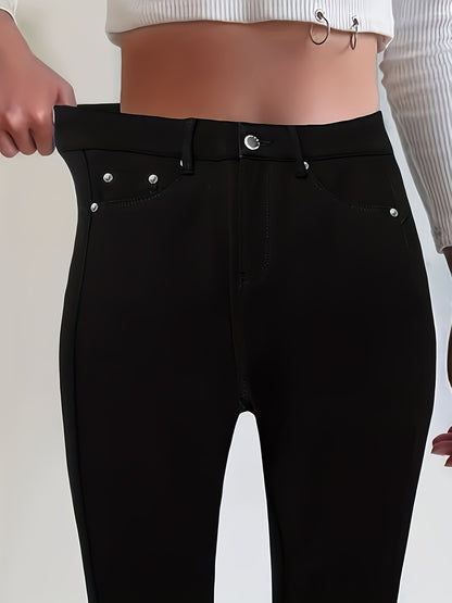 Women'S Plus Size High-Waisted Stretch Skinny Jeans - Elegant Dark Wash Black Tapered Leg with Beltless Design & Zipper Closure, for All-Season Casual to Formal Pants for Everyday & Formal Wear