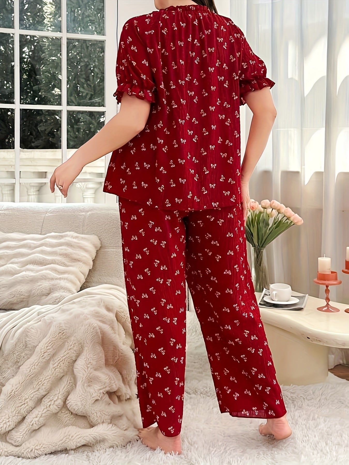 Plus Size Women's Pajama Set, Wine Red Bow Print Puff Sleeve Top & Wide-Leg Pants, Loose Comfortable Loungewear, Sweet Euro-American Style Sleepwear for Home Leisure/Sleep, Soft Skin-Friendly Fabric, Perfect Christmas Gift