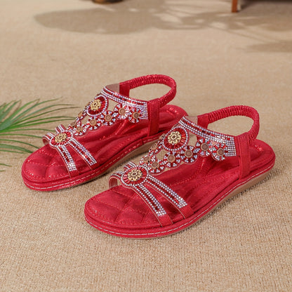 Ladies' Elegant And Exquisite Bohemian Style Floral Rhinestone Women'S Flat Sandals - Comfortable Open Toed, With Elastic Band, Perfect For Casual Beach Days