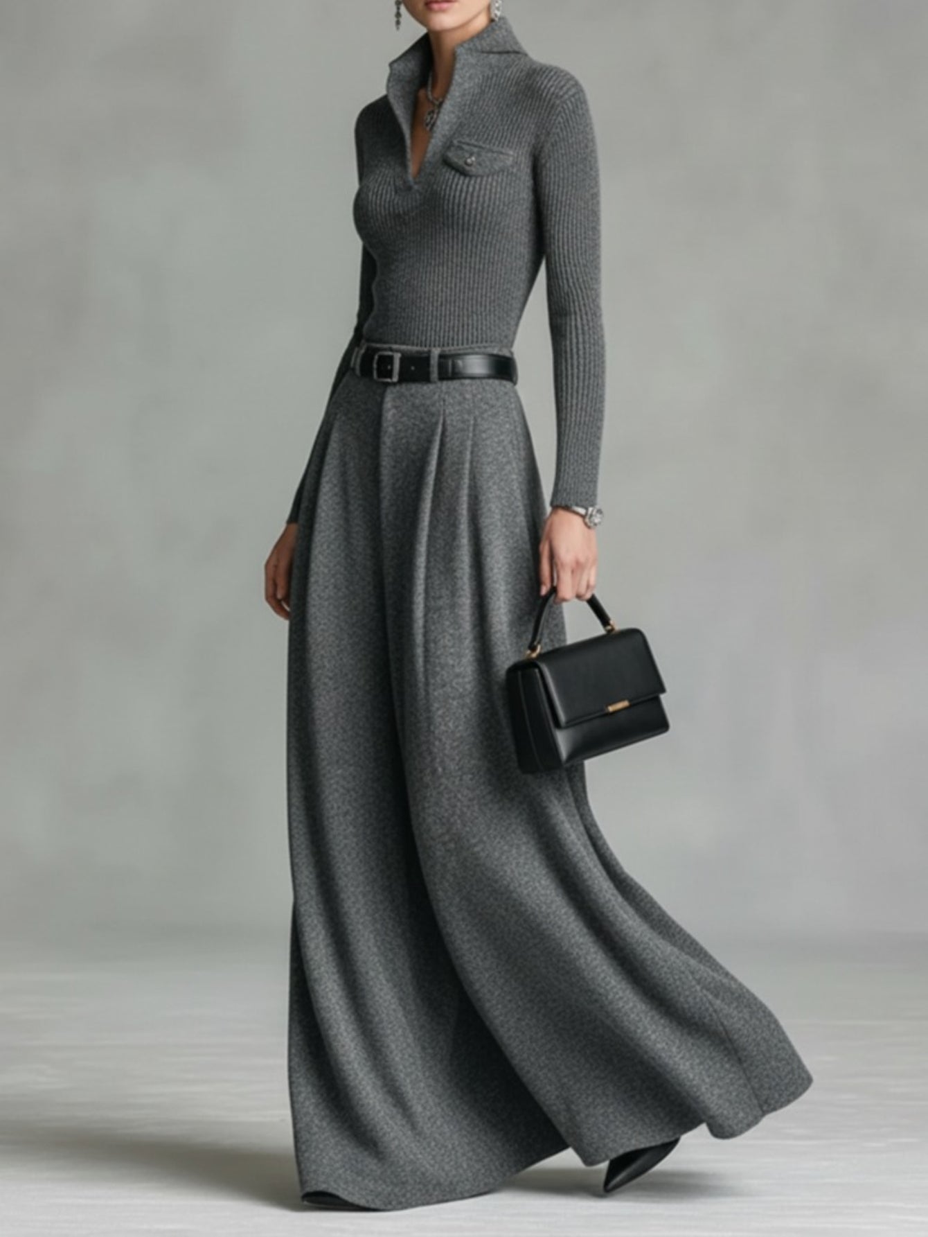 2pcs Set: Women's Grey Ribbed Top + Draped Wide-Leg Long Skirt Set | Relaxed & Luxurious Vibe, Ideal for Citywalk, Casual Gatherings, Spring & Summer, All-Season Styling
