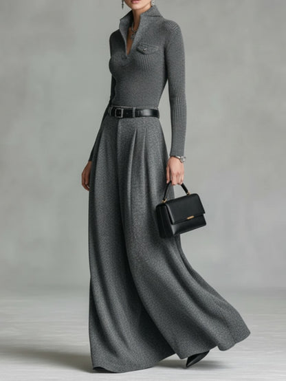 2pcs Set: Women's Grey Ribbed Top + Draped Wide-Leg Long Skirt Set | Relaxed & Luxurious Vibe, Ideal for Citywalk, Casual Gatherings, Spring & Summer, All-Season Styling