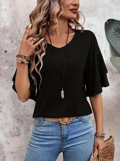 Vibrant Flare Sleeve V-Neck T-Shirt - Stylish Tiered Top with Relaxed Fit, Soft Solid Color Fabric, Perfect for Spring And Summer, Women's Casual Clothing
