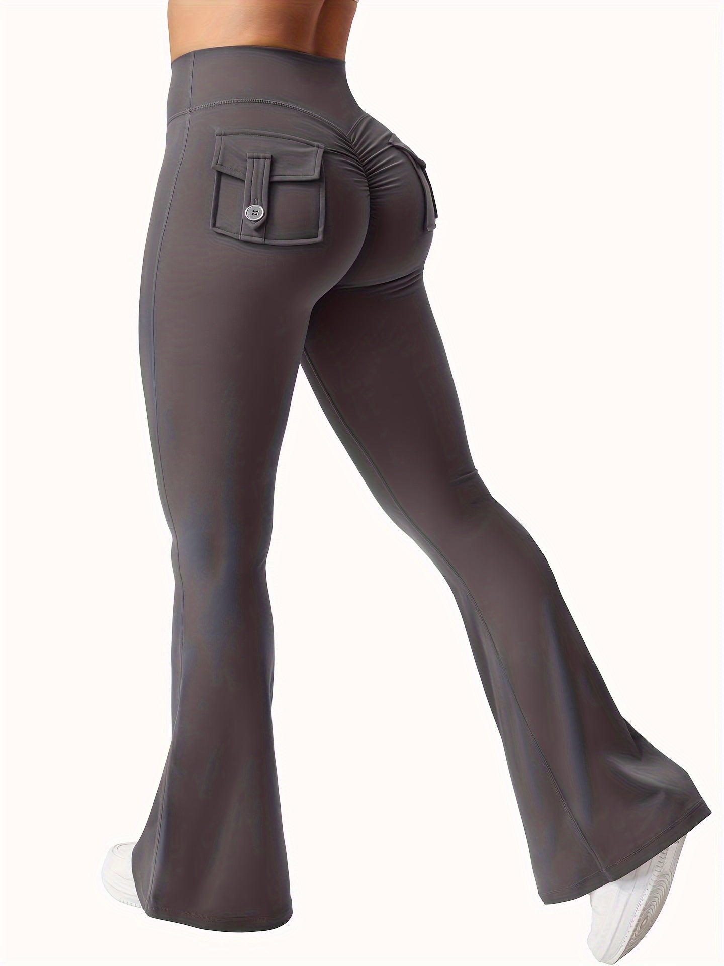 2025 New 3pcs Black Gray Green Trendy Work Attire Bell Bottom Trousers, Women'S Casual Flared Pants, High Waisted Pocket Activewear, Work Style Peach Hip Trousers, Quick Drying Belly Lifting Sports Pants with Flared Bottoms