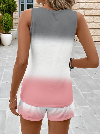 Women'S Vest And Shorts Set with Pockets, Gradient Print Design for Casual Wear