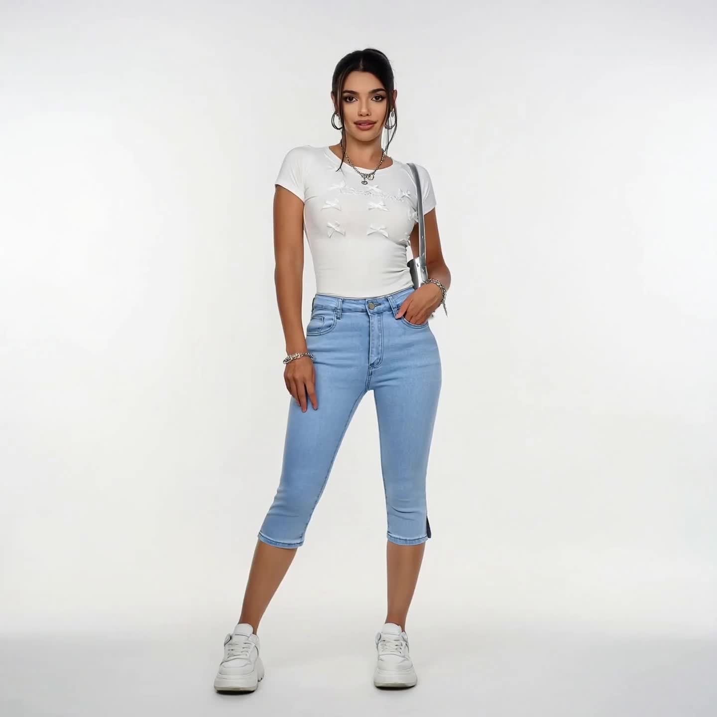 Women's Light Blue Denim Capri Pants High Waisted Skinny Fit Soft Stretch Fabric Comfortable Wear Classic Cropped Jean Capris Casual Summer Style Versatile Daily Outfits Easy Matching Street Look Modern Simple Womens Denim Pants Casual Wear Everyday